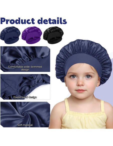 3 Gorras de Sueño Satinadas para Niñas - Negro, Azul, Púrpura