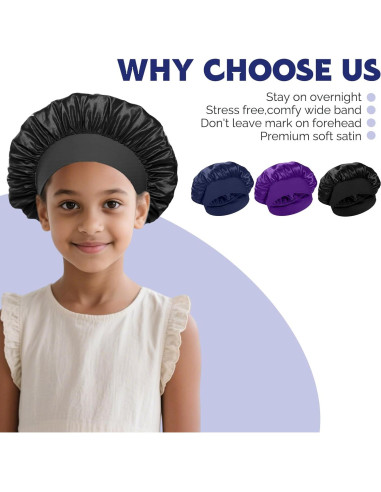 3 Gorras de Sueño Satinadas para Niñas - Negro, Azul, Púrpura