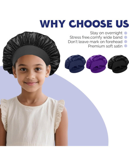 3 Gorras de Sueño Satinadas para Niñas - Negro, Azul, Púrpura