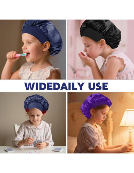 3 Gorras de Sueño Satinadas para Niñas - Negro, Azul, Púrpura