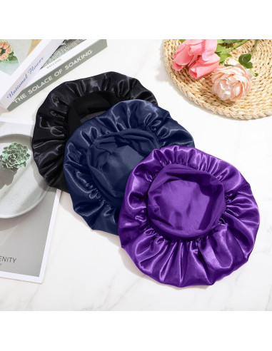 3 Gorras de Sueño Satinadas para Niñas - Negro, Azul, Púrpura