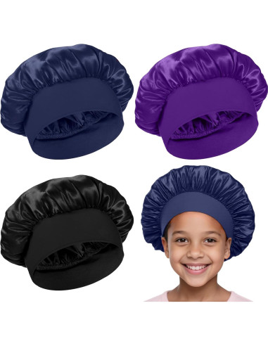 3 Gorras de Sueño Satinadas para Niñas - Negro, Azul, Púrpura