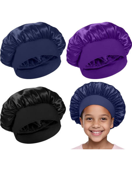 3 Gorras de Sueño Satinadas para Niñas - Negro, Azul, Púrpura