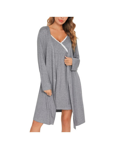 Conjunto de Bata de Maternidad SWOMOG 2 Piezas Lactancia Gris