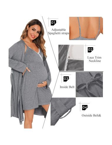 Conjunto de Bata de Maternidad SWOMOG 2 Piezas Lactancia Gris