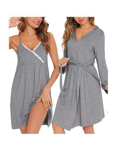 Conjunto de Bata de Maternidad SWOMOG 2 Piezas Lactancia Gris