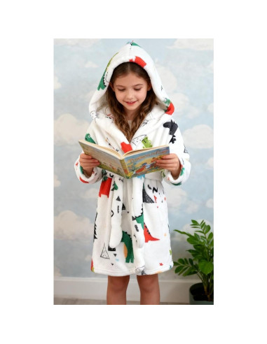 Bata de baño infantil de felpa coral con capucha Dinosaurio