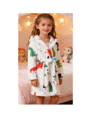 Bata de baño infantil de felpa coral con capucha Dinosaurio