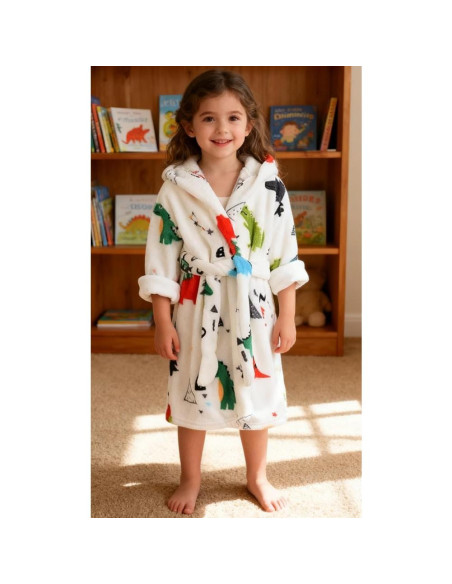 Bata de baño infantil de felpa coral con capucha Dinosaurio