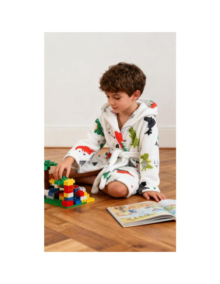Bata de baño infantil de felpa coral con capucha Dinosaurio