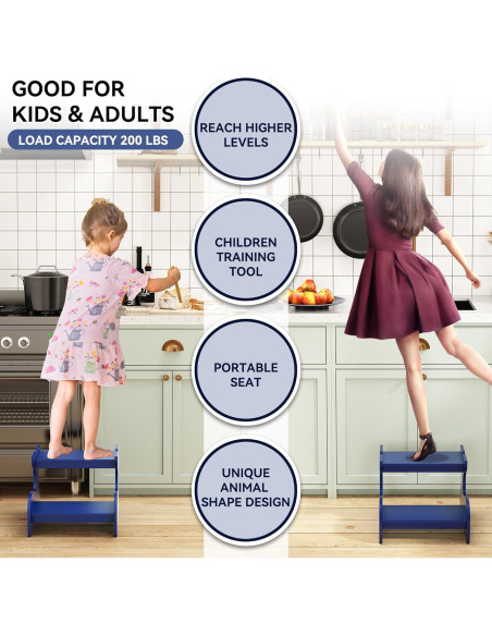 Escalera de Madera Azul para Niños AZODY 2 Pasos Ballena