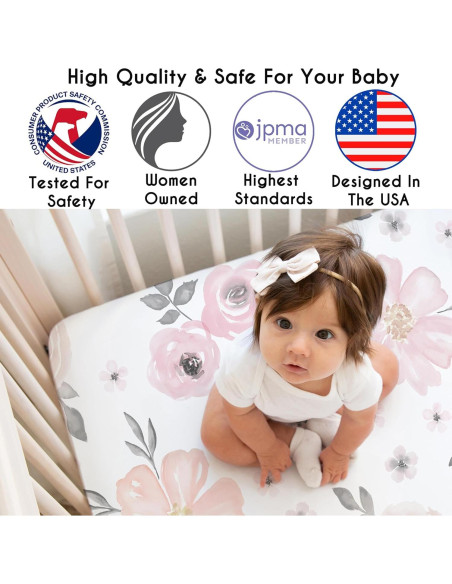 Hoja de Cuna Ajustada de Satén Sweet Jojo Rosa y Gris Floral