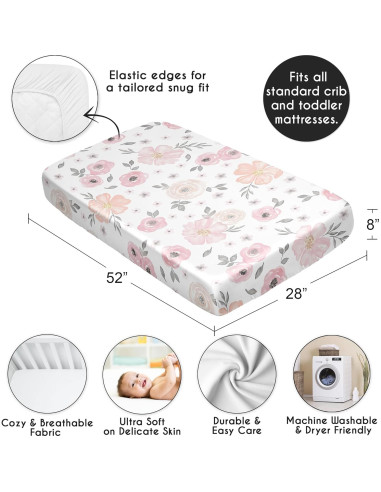 Hoja de Cuna Ajustada de Satén Sweet Jojo Rosa y Gris Floral