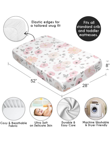 Hoja de Cuna Ajustada de Satén Sweet Jojo Rosa y Gris Floral