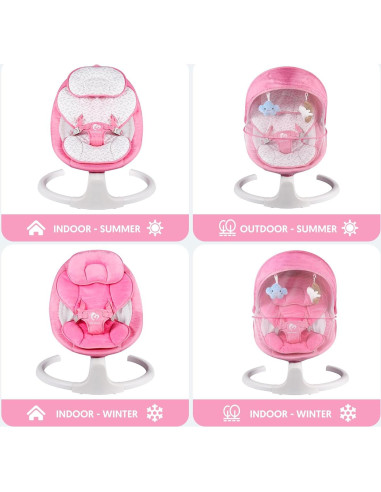 Columpio Bluetooth para Bebés Rosa, Compacto y Portátil, 5 Velocidades, 10 Canciones