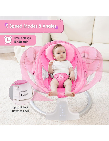 Columpio Bluetooth para Bebés Rosa, Compacto y Portátil, 5 Velocidades, 10 Canciones