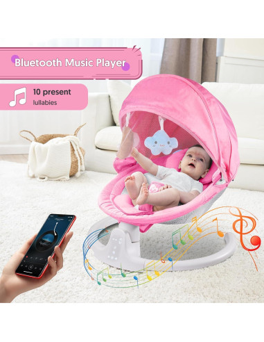 Columpio Bluetooth para Bebés Rosa, Compacto y Portátil, 5 Velocidades, 10 Canciones