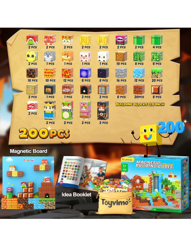 200 Piezas Bloques Magnéticos Toyvimo con Tablero 3-12 Años
