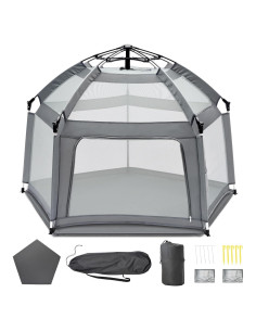 Parque Infantil Plegable Gris con Alfombra Autoinflable