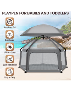 Parque Infantil Plegable Gris con Alfombra Autoinflable 2