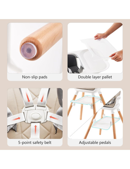 Silla Alta para Bebé 6 en 1 DDIOYIUR con Cojín PU Champagne