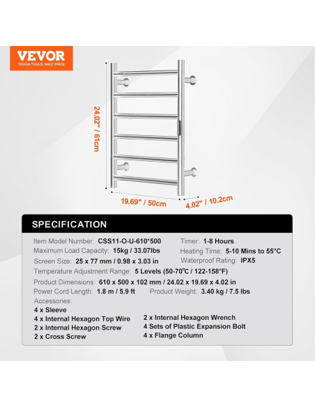 Soporte Calentador de Toallas VEVOR 6 Barras Acero Inoxidable