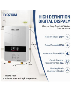 Calentador de Agua Eléctrico Instantáneo IYQZIOM 6.5KW 240V 2