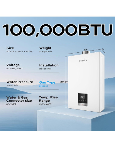 Calentador de Agua Sin Tanque a Gas Propano Orbek 100,000 BTU 4.3 GPM