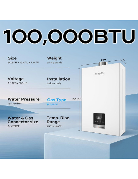 Calentador de Agua Sin Tanque a Gas Propano Orbek 100,000 BTU 4.3 GPM
