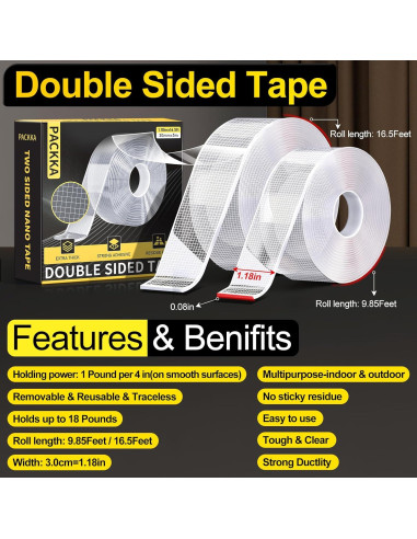 Cinta Adhesiva Doble Cara Nano PACKKA 3m Transparente Alta Resistencia