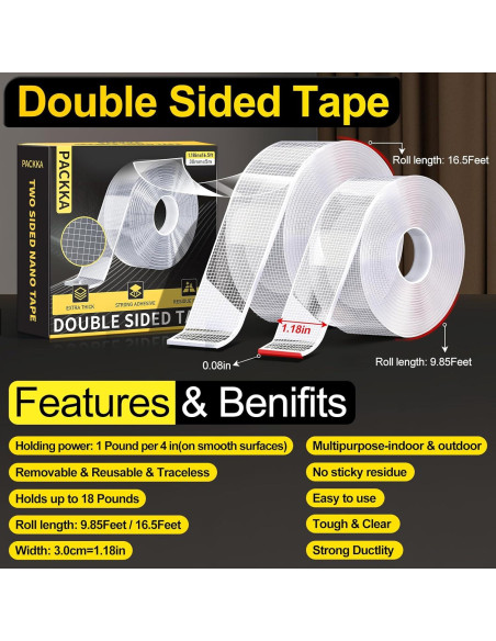 Cinta Adhesiva Doble Cara Nano PACKKA 3m Transparente Alta Resistencia