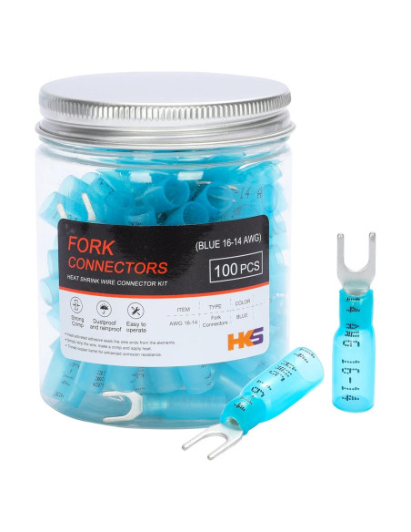 Conectores de Horquilla HKS 100PCS Azul 16-14 Gauge Termorretráctil