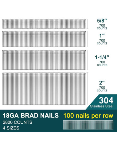 Clavos Brad 18 GA Acero Inoxidable 304 - 1500 Pcs Variados