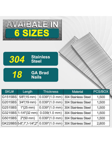 Clavos Brad 18 GA Acero Inoxidable 304 - 1500 Pcs Variados