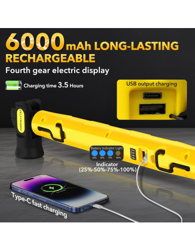 Luz de Trabajo LED TRQWH 3200LM Recargable Magnética 6000mAh