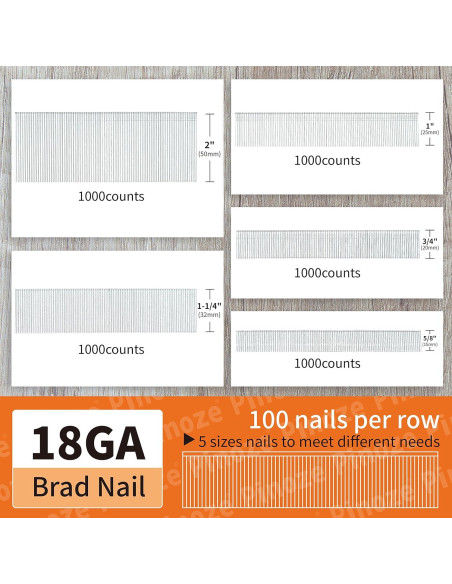 Clavos Brad 18GA Galvanizados PINOZE 5000 Piezas 5 Tamaños