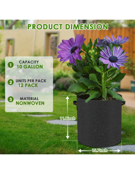Paquete de 12 bolsas de cultivo BOGWHY 10 Galones negras
