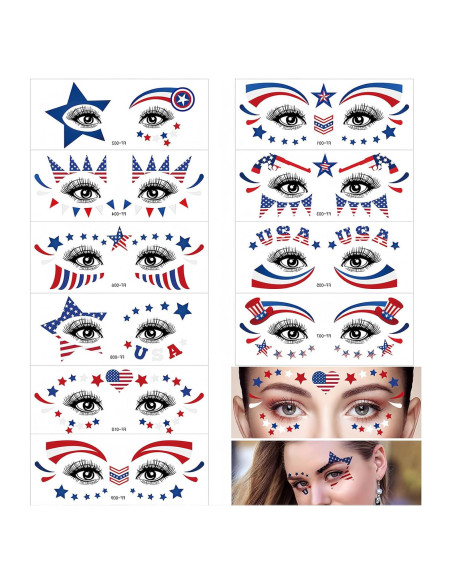 10 Hojas Tatuajes Temporales Patrióticos HIFANMM 4 de Julio