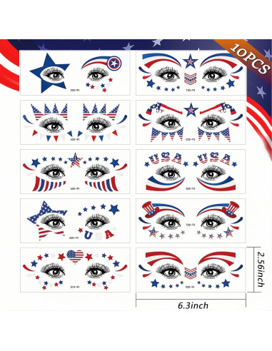 10 Hojas Tatuajes Temporales Patrióticos HIFANMM 4 de Julio