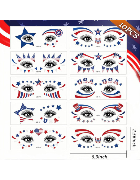 10 Hojas Tatuajes Temporales Patrióticos HIFANMM 4 de Julio
