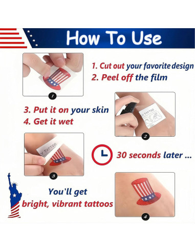 10 Hojas Tatuajes Temporales Patrióticos HIFANMM 4 de Julio