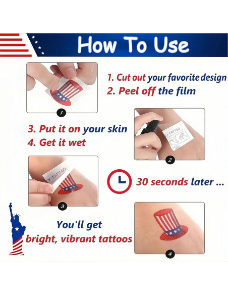 10 Hojas Tatuajes Temporales Patrióticos HIFANMM 4 de Julio