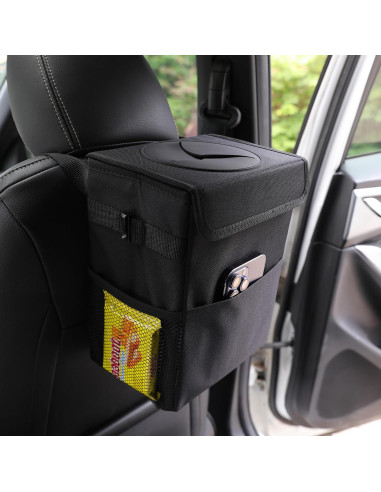 Basurero de coche AOKJOY negro con tapa y 3 bolsillos