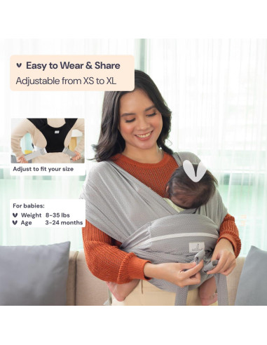 Fular Portabebés BabbleRoo Gris Ajustable XS a XL Transpirable