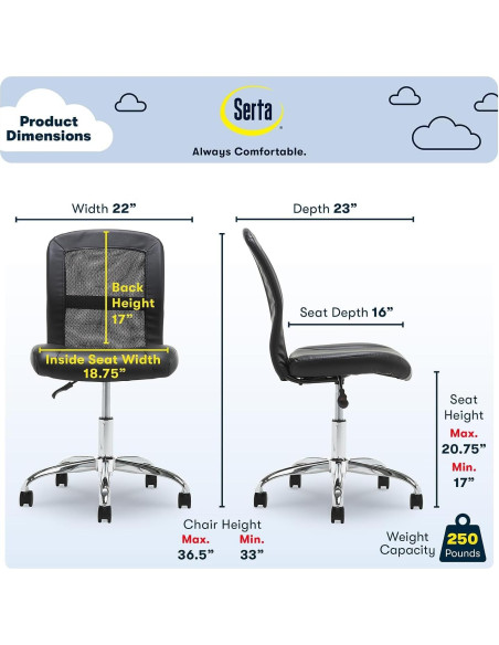 Silla de Tarea Sin Brazos Serta Essential, Negro, Ajustable