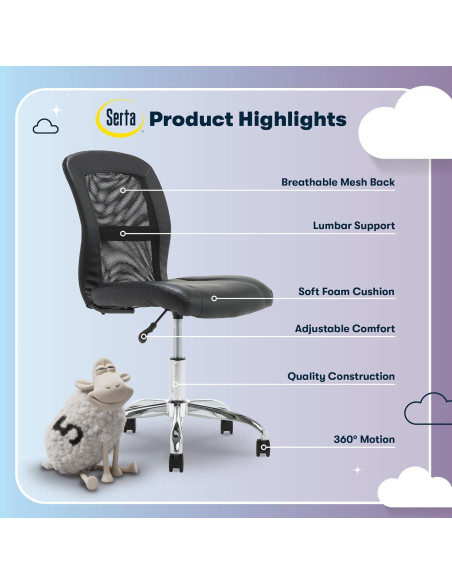 Silla de Tarea Sin Brazos Serta Essential, Negro, Ajustable