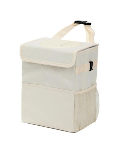 Basurero de coche AOKJOY beige con tapa y 3 bolsillos