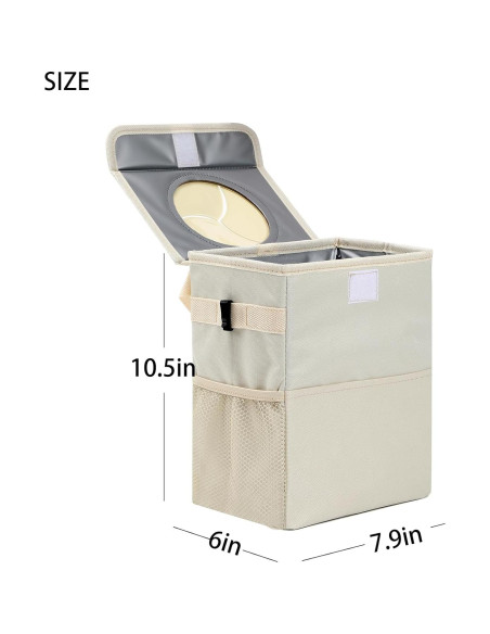 Basurero de coche AOKJOY beige con tapa y 3 bolsillos
