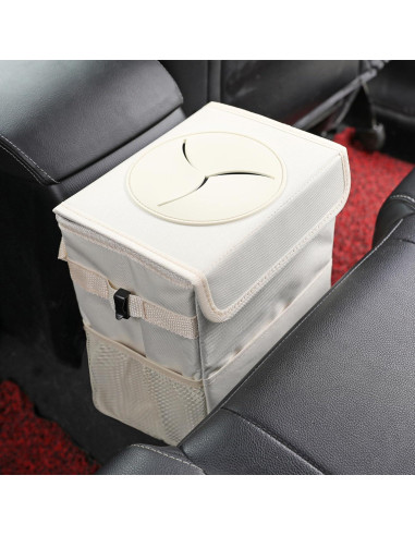 Basurero de coche AOKJOY beige con tapa y 3 bolsillos