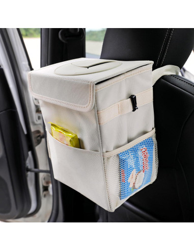 Basurero de coche AOKJOY beige con tapa y 3 bolsillos